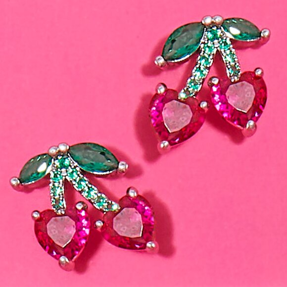 Cherry Stud Earrings with Pink and Green Gemstone - Picture 1 of 6